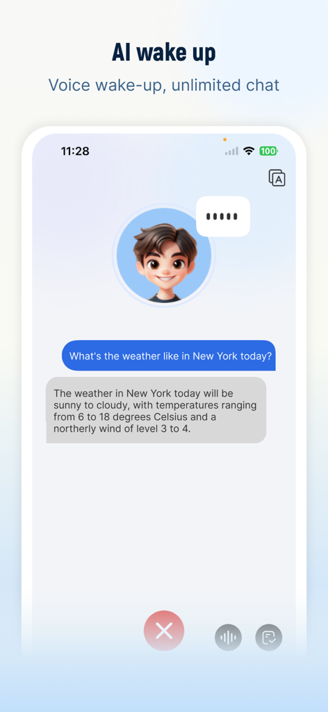 NebulaBuds - Interfaz de la aplicación NebulaBuds mostrando la función de activación por voz de IA y una conversación de chat inteligente sobre el clima de Nueva York.