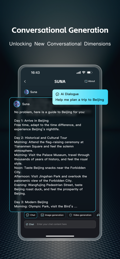 Interface de l'application Suna montrant un assistant IA conversationnel générant un itinéraire de voyage détaillé pour Pékin