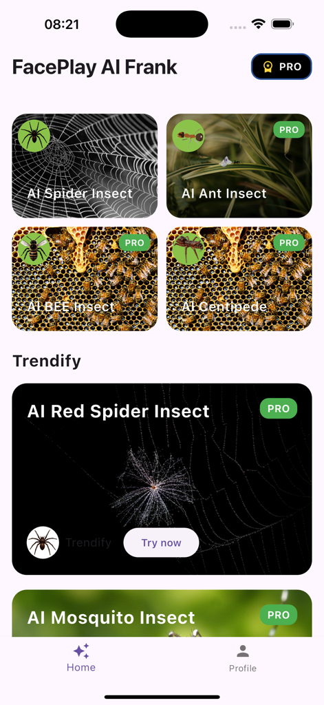 FacePlay: FaceAI Frank Video - Tela inicial do aplicativo FacePlay exibindo vários filtros AR de insetos IA, incluindo aranhas, abelhas e formigas