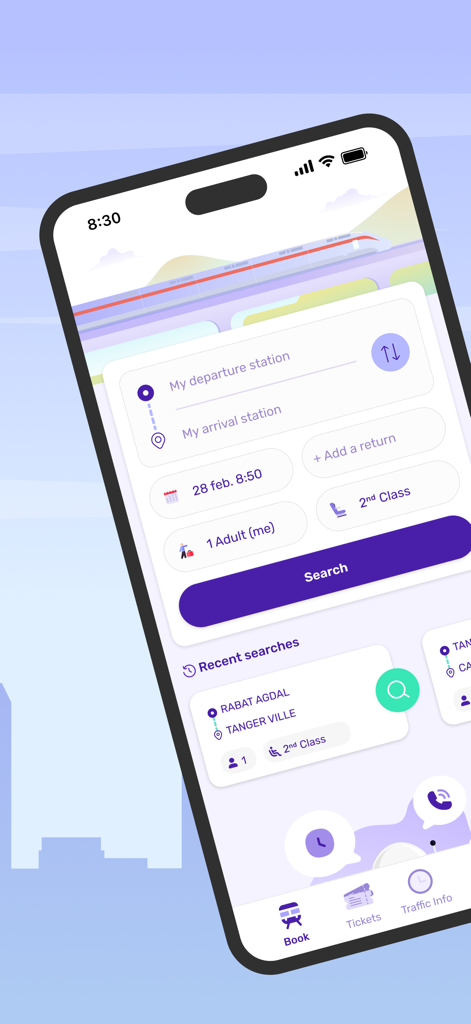 Interface de l'application mobile ONCF Voyages pour rechercher et réserver des billets de train au Maroc