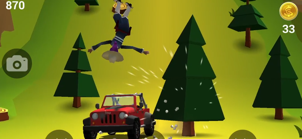 Faily Brakes Classic - A character flying out of a red off-road vehicle after crashing into a pine tree
