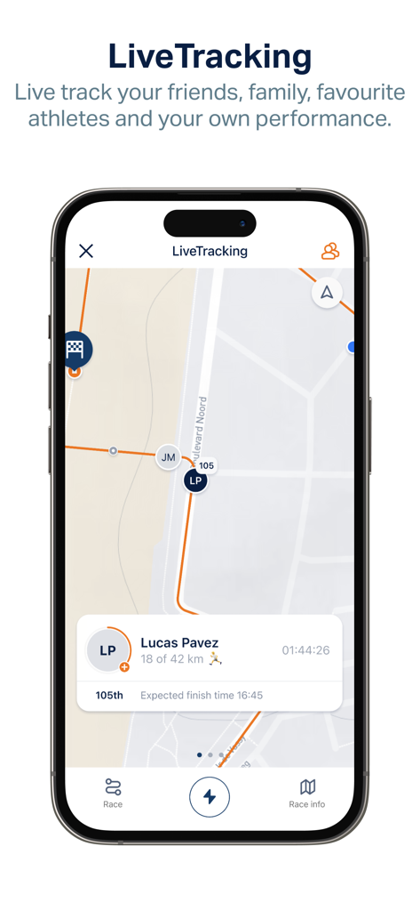 Maratón de Santiago - Live tracking screen of the Maratón de Santiago app showing runner progress on a map