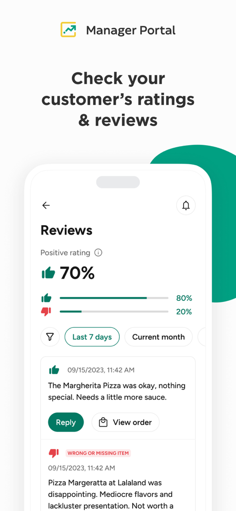 Glovo Manager Portal - Glovo Manager Portalのインターフェイス。レストランの顧客評価とフィードバックが表示されています。