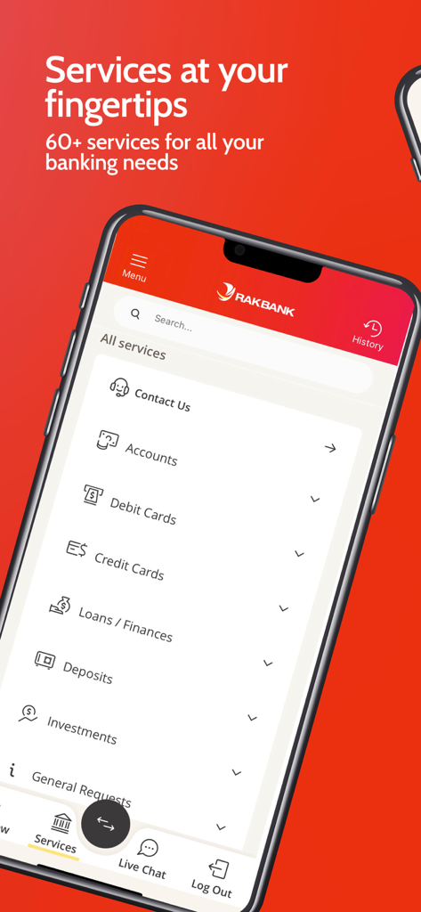 RAKBANK app interface displaying a menu of banking services including accounts cards and investments