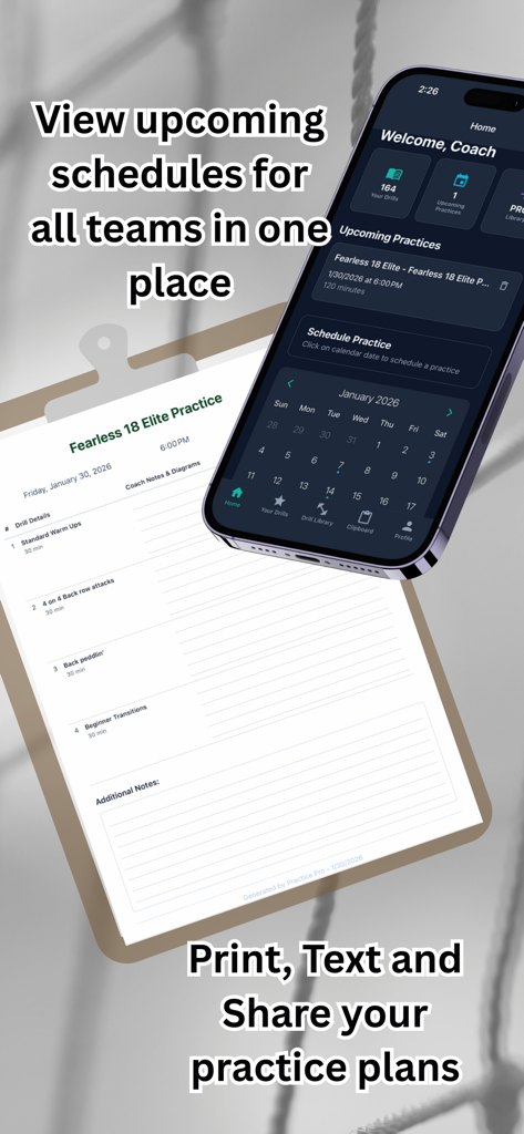 Practice Pro Volleyball - iPhone displaying a volleyball practice schedule and calendar next to a printed practice plan on a clipboard