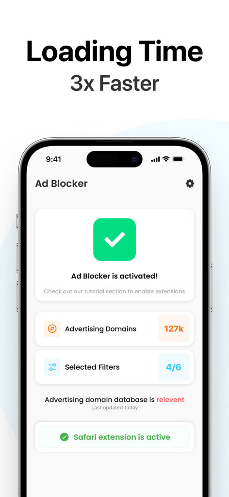 Ad Blocker · - Ad Blocker app dashboard displaying 3x faster loading time and active status