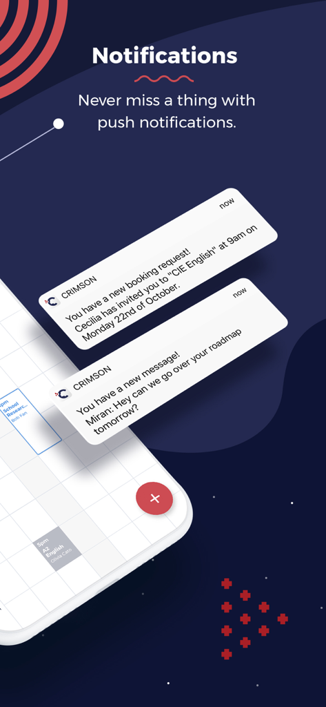 Crimson - A mobile screen showing push notifications for the Crimson app including a booking request and a new message from a mentor