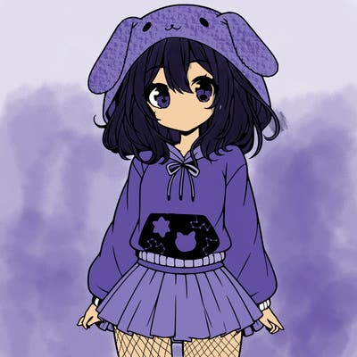 pretty anime girl wearing a fluffy hoodie with bunny ears on the hood and a skirt