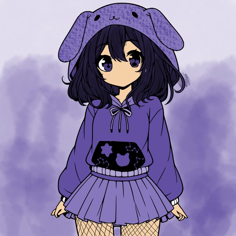 pretty anime girl wearing a fluffy hoodie with bunny ears on the hood and a skirt