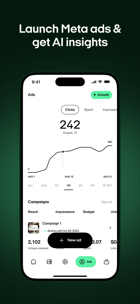 Zeely mobile App-Dashboard mit Meta-Anzeigen-Leistungskennzahlen und einem Diagramm der Klickanalysen.