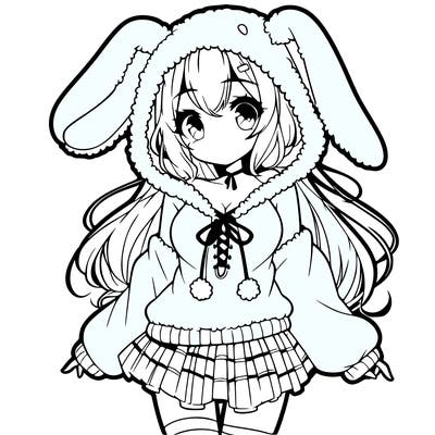 pretty anime girl wearing a fluffy hoodie with bunny ears on the hood and a skirt