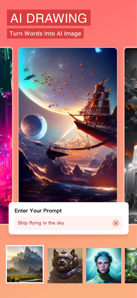 PicsHub-AI Art & Photo Edit - PicsHub app interface showing AI Drawing feature with a generated fantasy ship and a text prompt box.