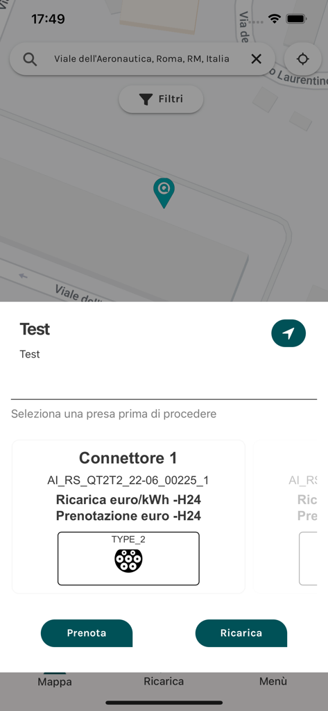 Acea e-mobility - Interfaccia di mappa dell'app Acea e-mobility che mostra la posizione di una stazione di ricarica con tipo di connettore e opzioni di prenotazione