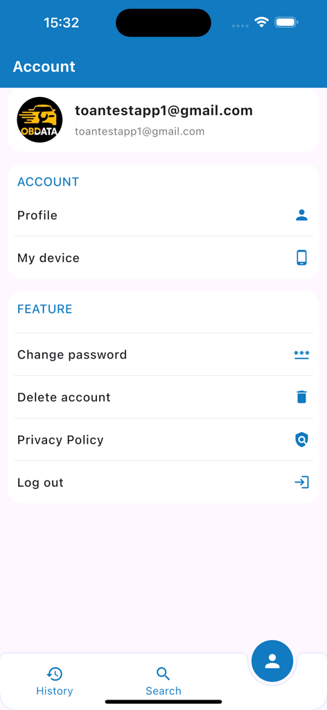User account settings page in the VINDECODERZ app showing profile and security options