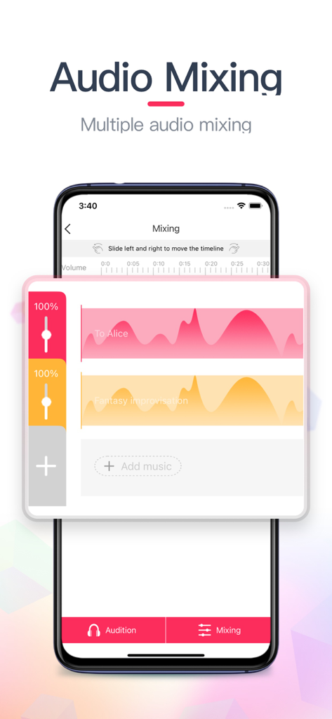 Mobile app interface for mixing multiple audio tracks with visual waveforms