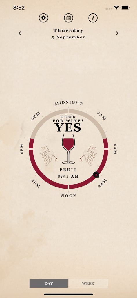 Interface of the When Wine Tastes Best app showing a biodynamic fruit day recommendation for drinking wine