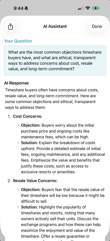 Timeshare Calculators with AI - AI Assistant screen providing solutions for common timeshare buyer objections like cost and resale value