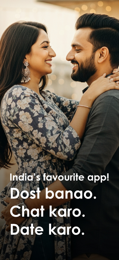 A smiling Indian couple embracing on the QuackQuack dating app home screen.