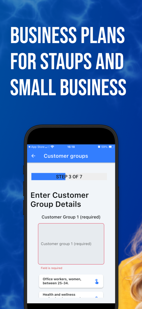AI Business Plan Generator -KI - AI Business Plan Generator app screen showing the step to enter customer group details for small business planning.