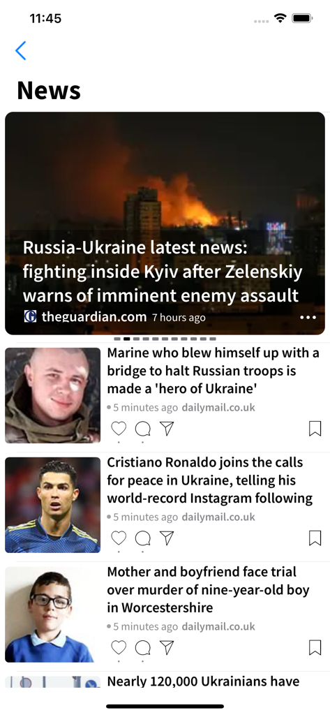 Screenshot of the Breaking News app showing a news feed with headlines from major UK publishers