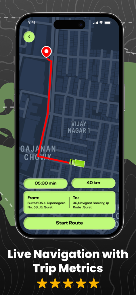 Truck Route GPS & IFTA - Interfaz de la aplicación Truck Route GPS que muestra la navegación en vivo con métricas de viaje y detalles de la ruta