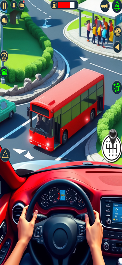 Bus Vehicle Master Driving - Visão interna do cockpit em primeira pessoa de um veículo dirigindo atrás de um ônibus vermelho em um simulador de cidade