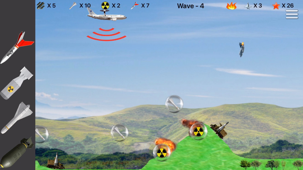 2D side scrolling flight simulator gameplay with tactical nuclear weapons and military targets