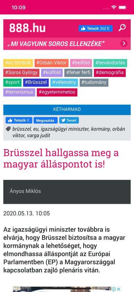 Interface of the 888.hu Hungarian news app showing a political article headline and topical tags.
