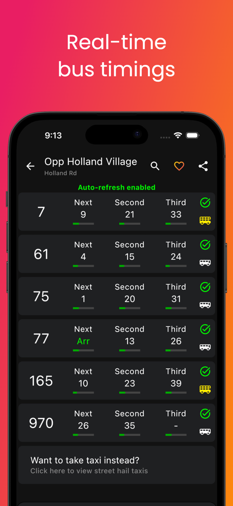 SG Bus Buddy app interface displaying real-time bus arrival timings at a Singapore bus stop with dark mode enabled.