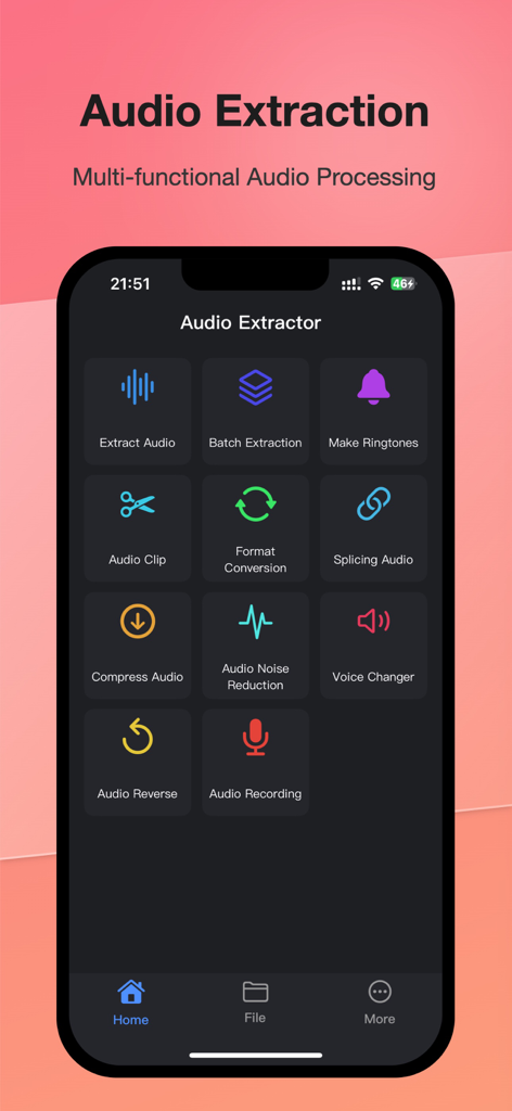Audio Extractor &MP3 Converter - Main dashboard of the Audio Extractor app showing features like audio extraction batch processing and ringtone creation