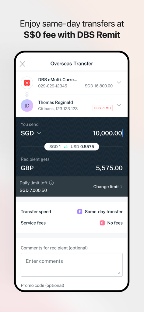 DBS digibank - DBS digibank mobile app screen showing zero fee overseas money transfer via DBS Remit.