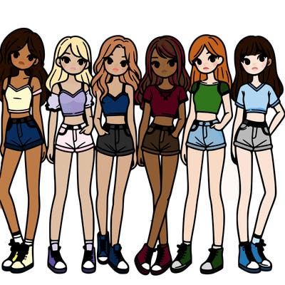 a group of girls wearing crop tops and shorts
