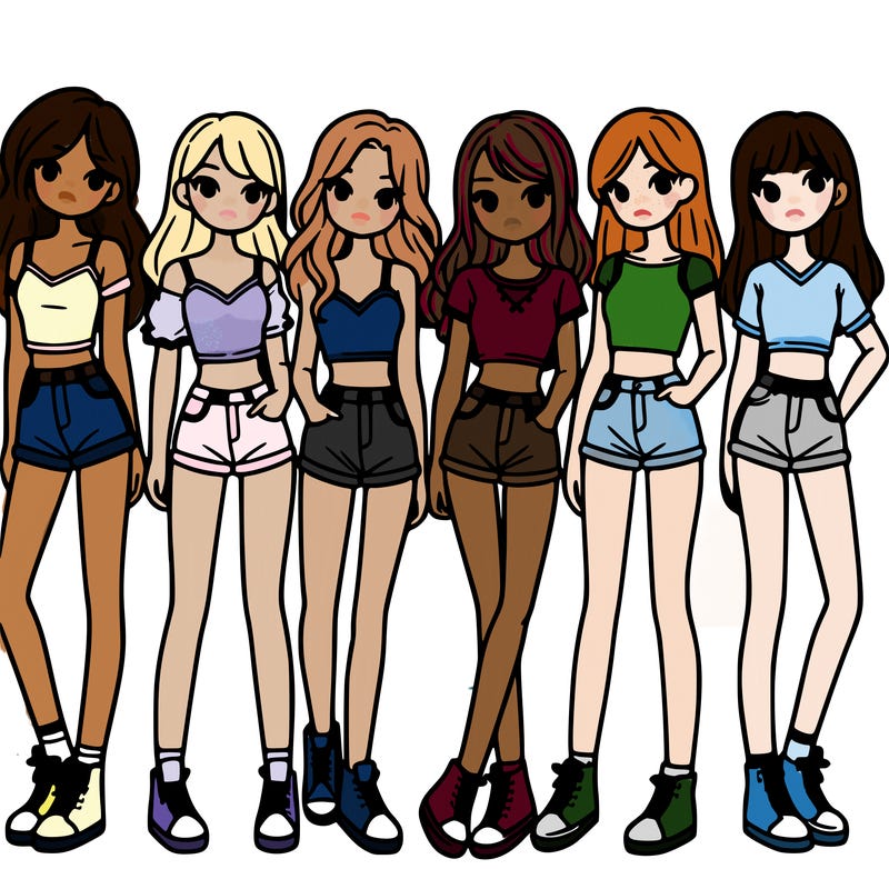 a group of girls wearing crop tops and shorts