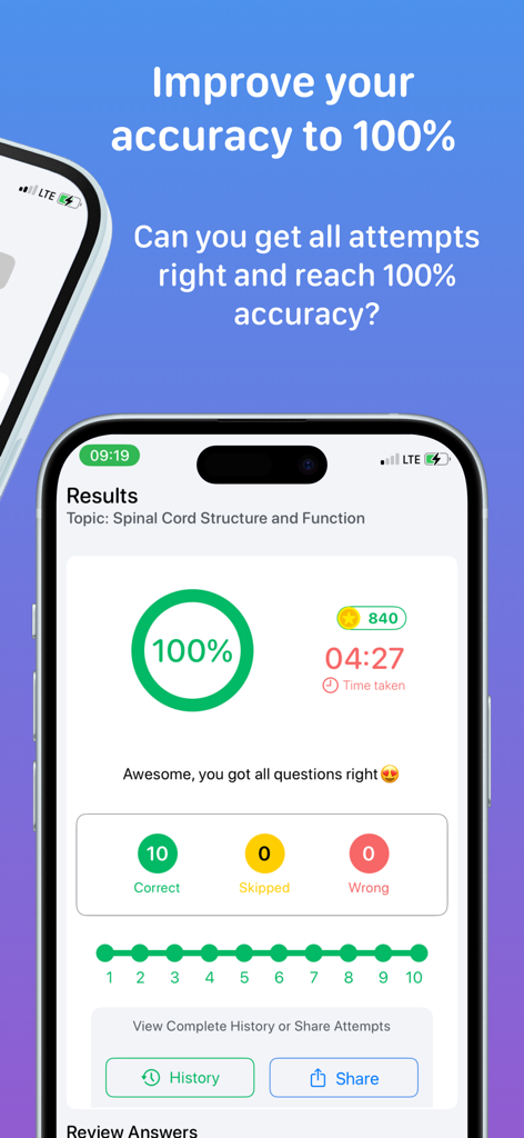 Neurology - A mobile screen showing 100% accuracy on a neurology quiz about spinal cord structure and function.