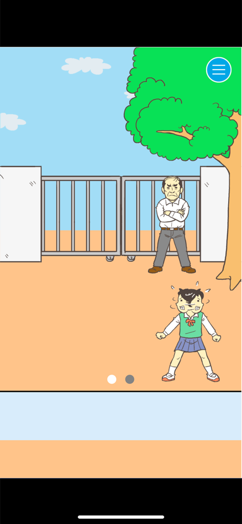 Ditching School! - Un personaje estudiante mirando nervioso mientras un profesor vigila la puerta de la escuela.