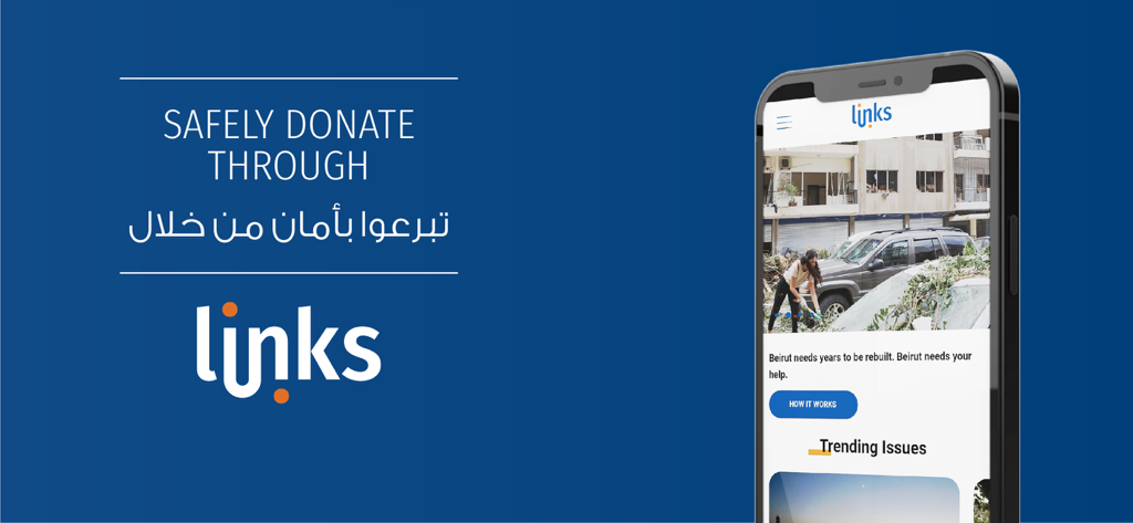 LINKS Platform - Interfaz de la aplicación móvil LINKS Platform para donaciones humanitarias seguras y problemas de tendencia en Líbano.