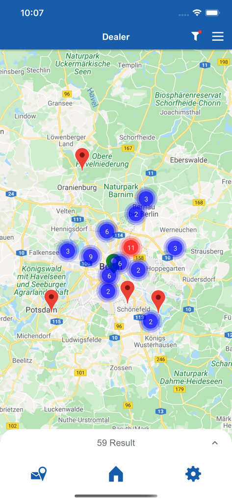 ATE Catalogue - Kartenansicht mit ATE-Händler- und Partnerstandorten innerhalb der mobilen App