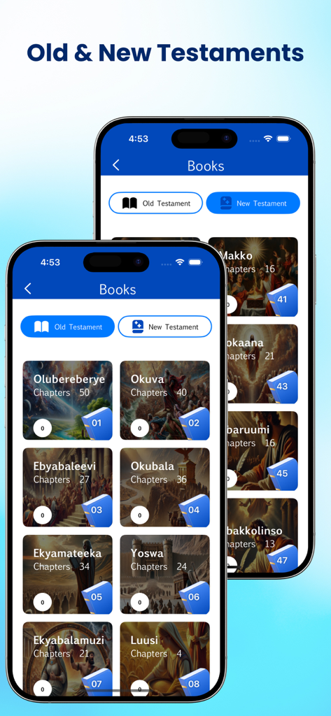 Luganda Holy Bible - Smartphone screens displaying the book selection for the Old and New Testaments in the Luganda Holy Bible app