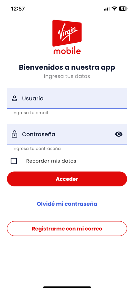 Virgin Mobile Mexico - Pantalla de inicio de sesión de la aplicación Virgin Mobile Mexico con campos para correo electrónico y contraseña