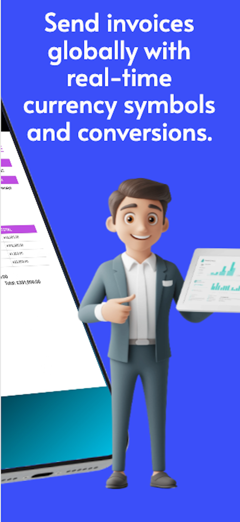 A professional 3D character highlighting real-time currency conversion and global invoicing features on mobile devices.