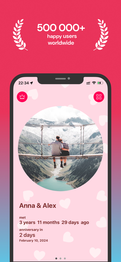 Relationship tracking app interface showing days since a couple met and a countdown to their anniversary.