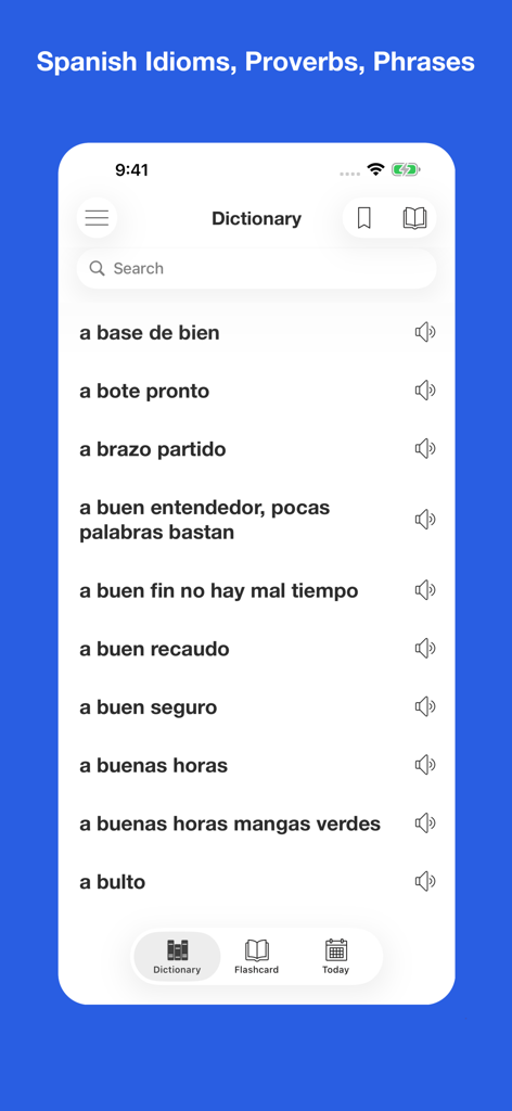 Spanish Idiom Dictionary - Spanish Idiom Dictionary app interface displaying a list of common Spanish phrases and idioms.