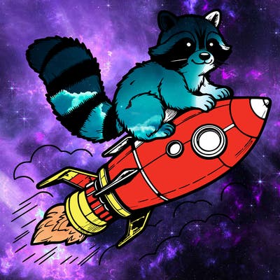 realistic raccoon flying on top rocket ship