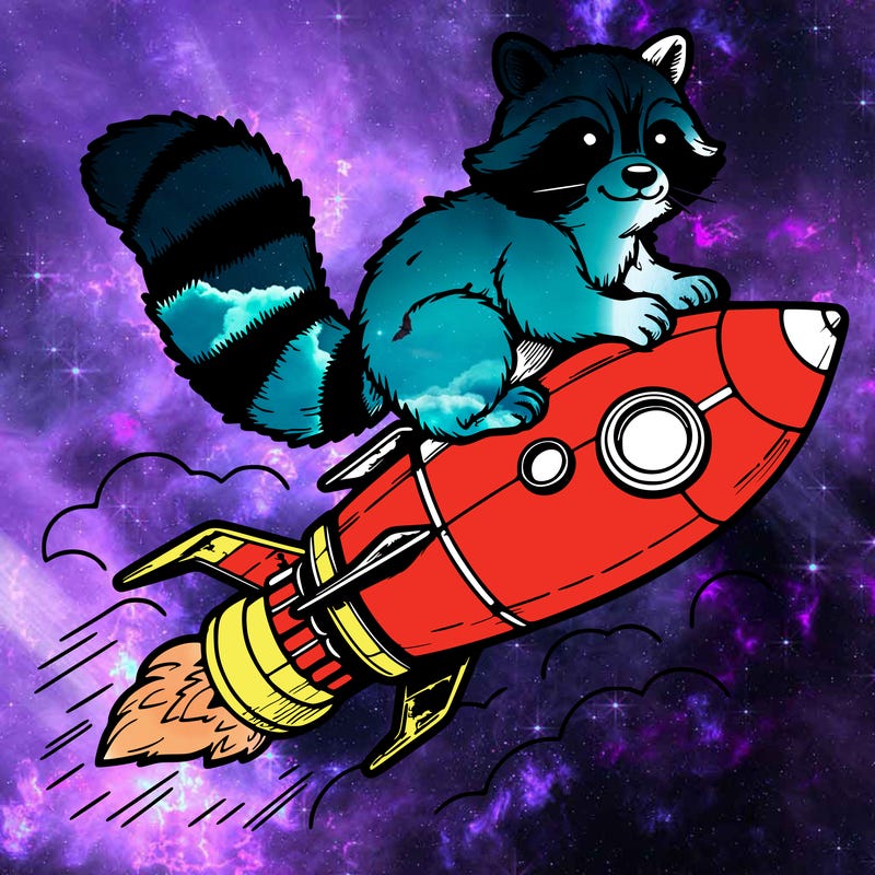 realistic raccoon flying on top rocket ship