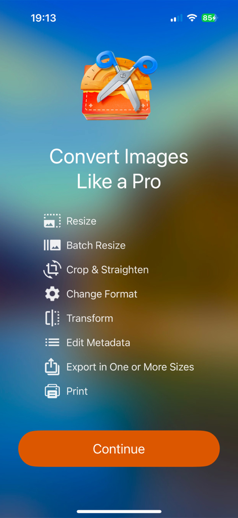 Écran de démarrage de l'application iSize listant les fonctionnalités d'édition d'images professionnelles telles que le redimensionnement par lots et l'édition de métadonnées