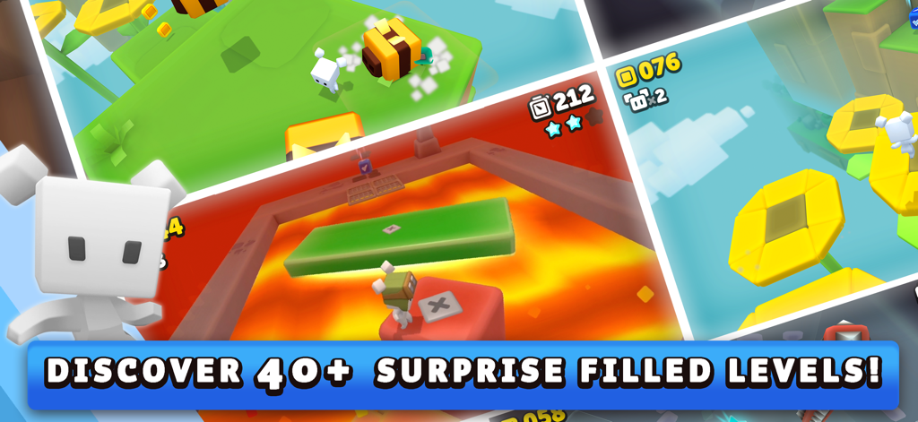 Suzy Cube Halfbrick+ - Un collage que muestra varios niveles coloridos de plataformas 3D y el personaje principal en Suzy Cube Halfbrick.