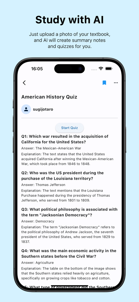 StudyAI: AI-Powered Study Tool - StudyAI app displaying an AI-generated American History quiz with questions and answers on an iPhone screen
