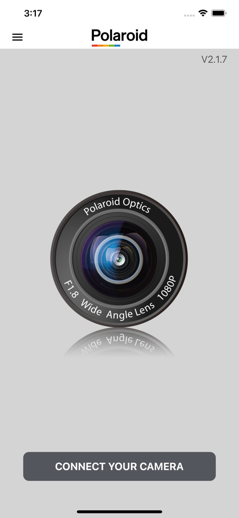 Pantalla de inicio de la aplicación MyCAM que muestra un gráfico de lente de cámara y un botón para conectar tu cámara