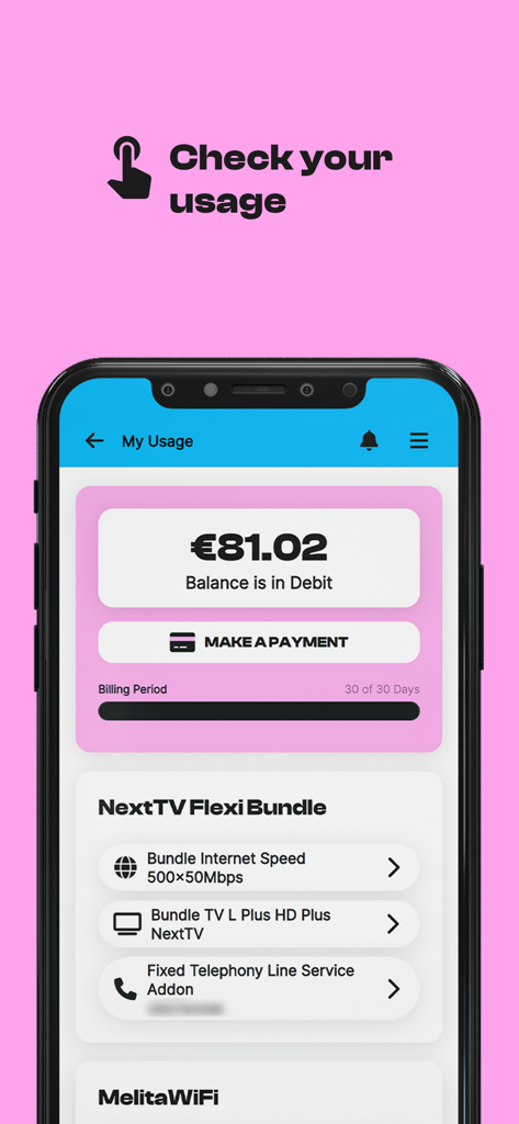 アカウント残高とサービスバンドルの詳細が表示されたMyMelitaアプリのインターフェイス