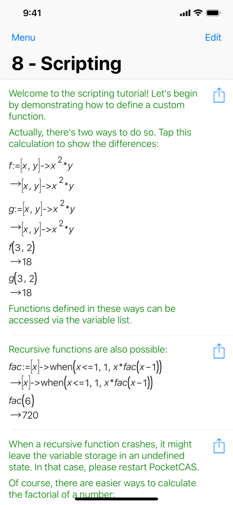 Mathematics with PocketCAS Pro - Mathematics with PocketCAS Pro app interface showing a scripting tutorial for defining custom and recursive functions.